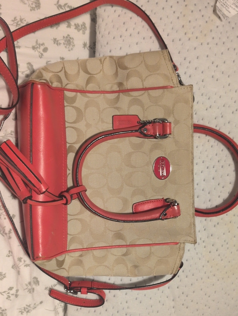 Coach Signature Canvas Satchel with Coral Trim